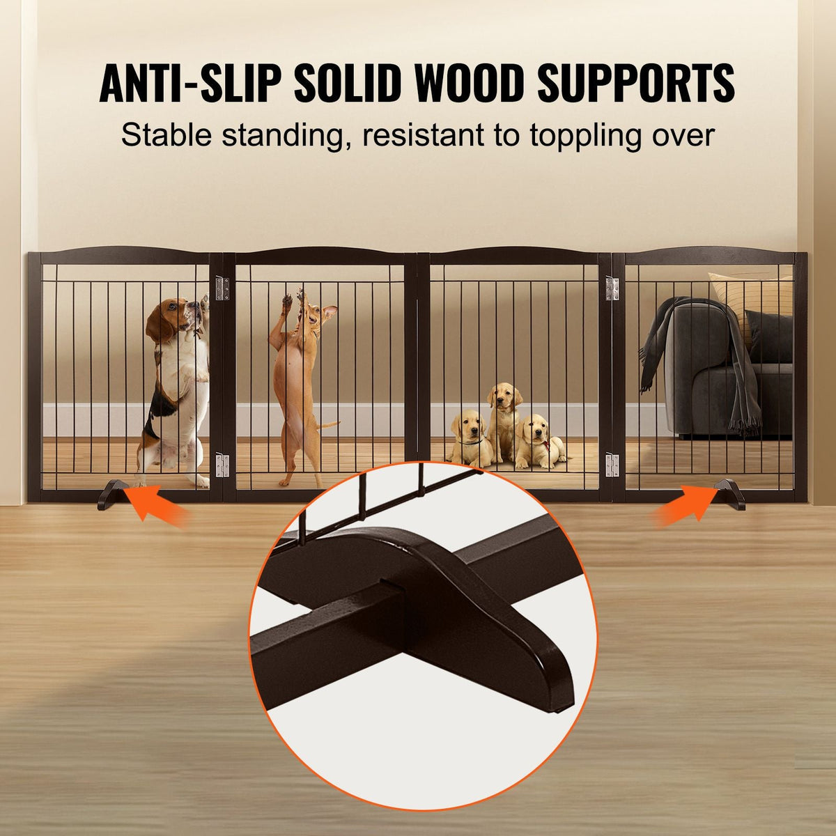Free Standing Dog Gate, 32" H x 96.5" W Freestanding Pet Gate, 4 Panels Foldable Dog Gate for Wide and Narrow Passageways, Expandable Dog Barrier with Silent Foot Support for Indoor, Brown