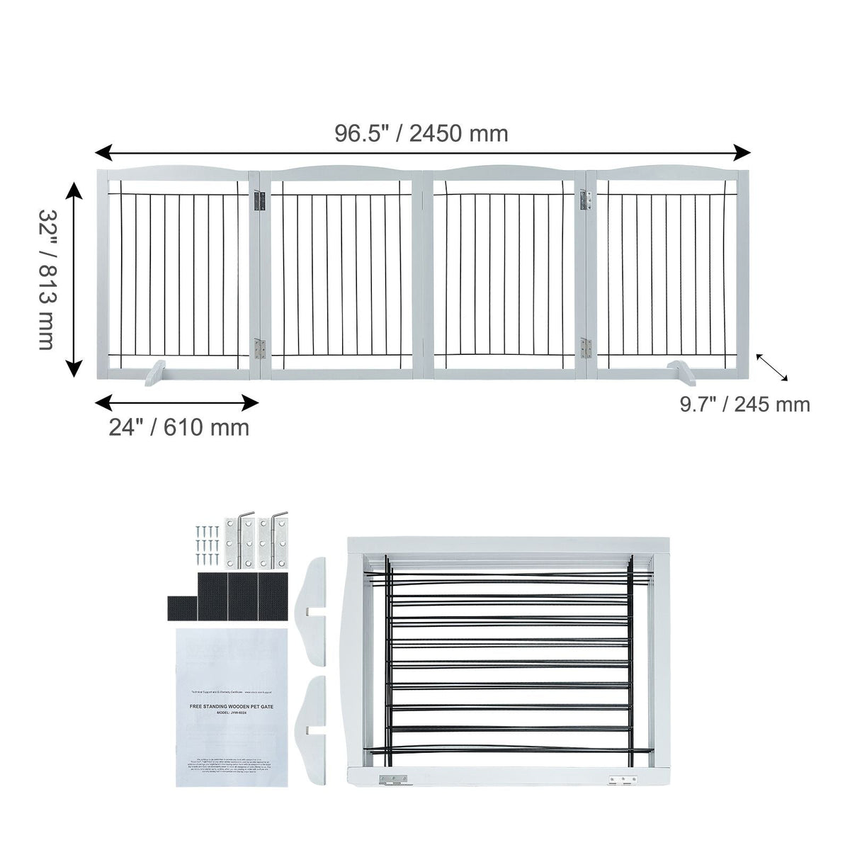 Free Standing Dog Gate, 32" H x 96.5" W Freestanding Pet Gate, 4 Panels Foldable Dog Gate for Wide and Narrow Passageways, Expandable Dog Barrier with Silent Foot Support for Indoor, White