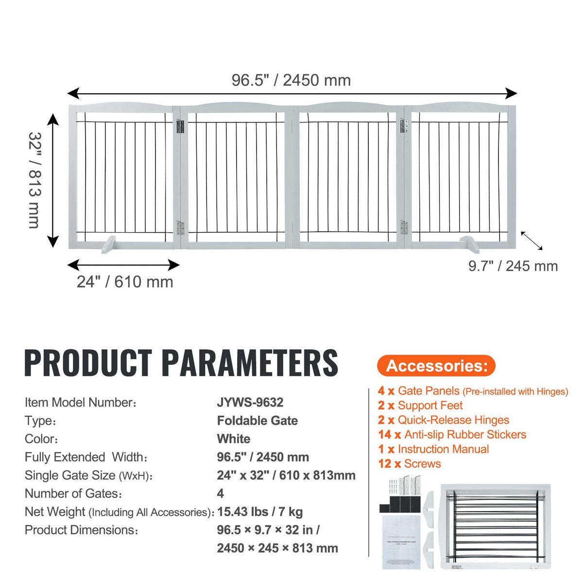 Free Standing Dog Gate, 32" H x 96.5" W Freestanding Pet Gate, 4 Panels Foldable Dog Gate for Wide and Narrow Passageways, Expandable Dog Barrier with Silent Foot Support for Indoor, White