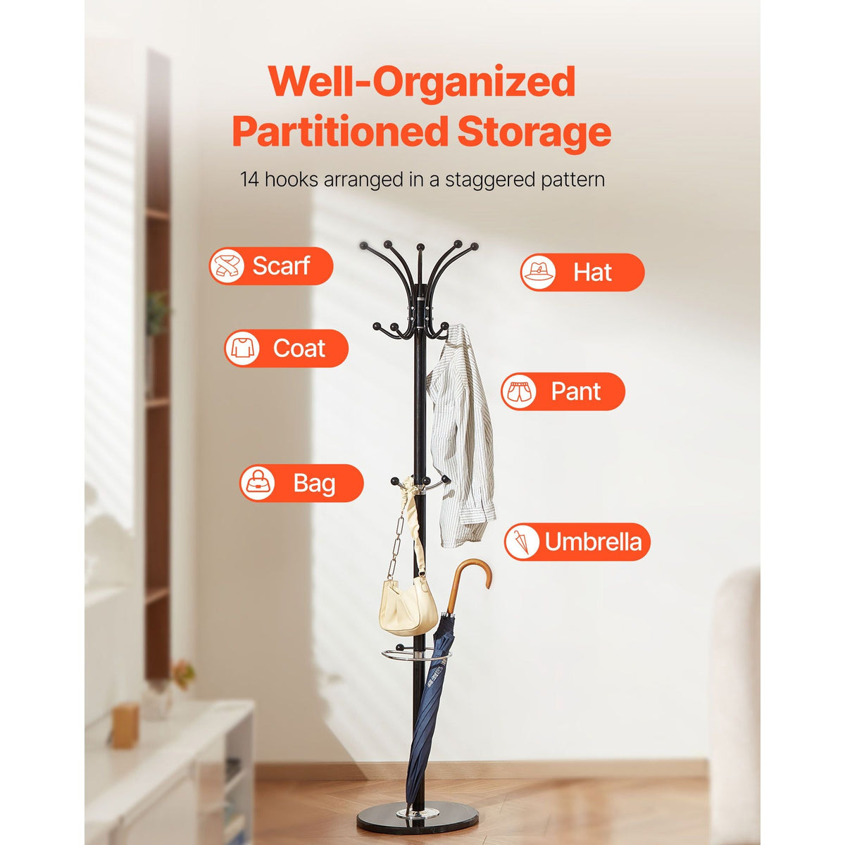 Freestanding Coat Rack, Metal Coats Rack Stand with Umbrella Holder, Stable Marble Base & 14 Hooks, Hall Coat Tree for Entryway, Bedroom, Living Room, Stylish Coats Hanger for Hats, Scarves, Bag