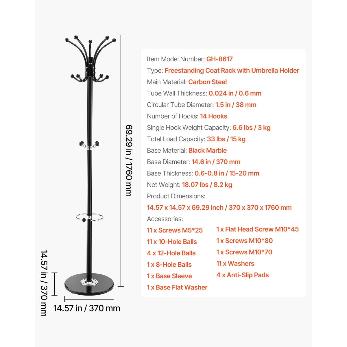 Freestanding Coat Rack, Metal Coats Rack Stand with Umbrella Holder, Stable Marble Base & 14 Hooks, Hall Coat Tree for Entryway, Bedroom, Living Room, Stylish Coats Hanger for Hats, Scarves, Bag