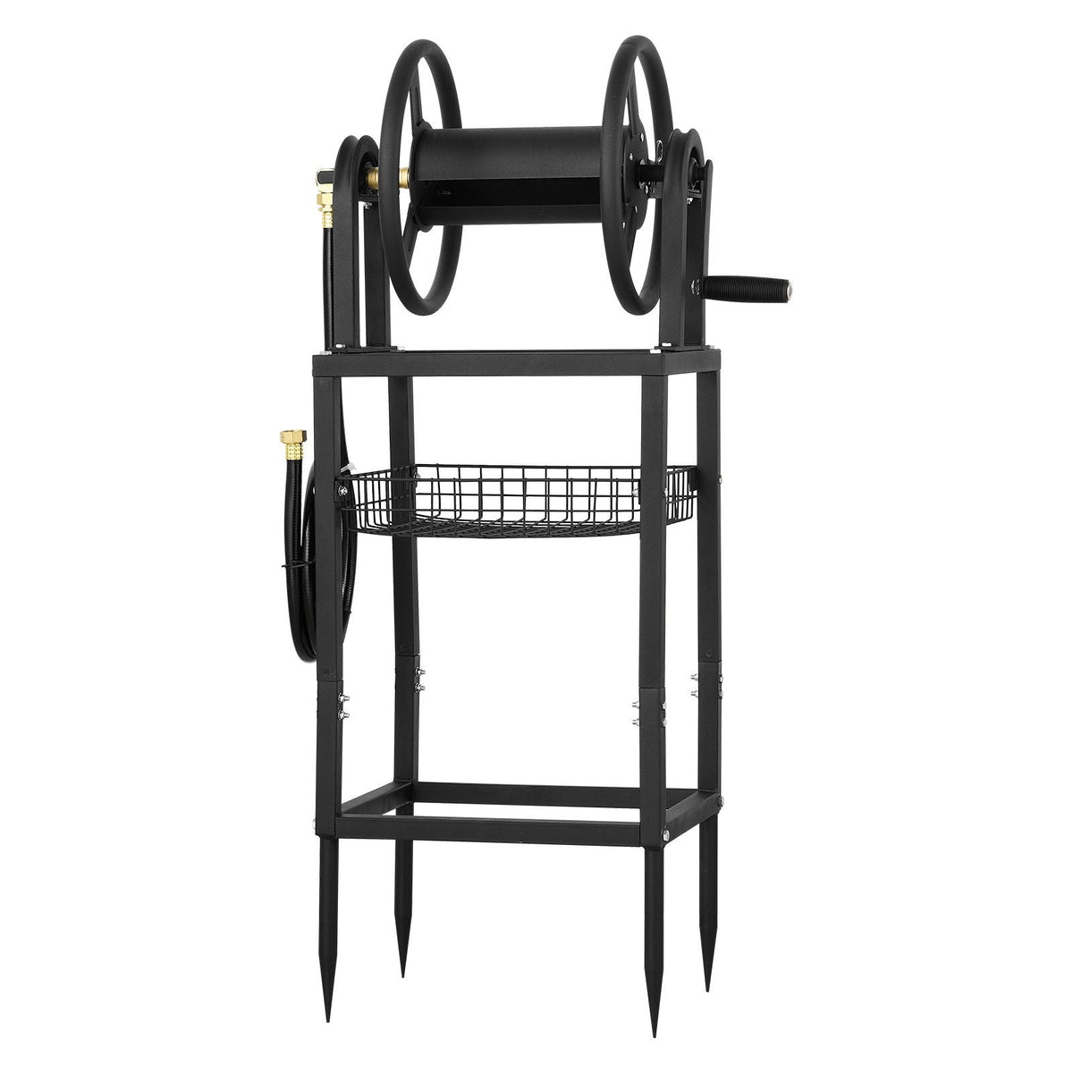 Freestanding Garden Hose Reel, Holds 125 Feet of 5/8-inch Hose, Wall Mount or Ground Mount, Detachable Holder Stand with Storage Rack, 5 ft Leader Hose, Brass Fitting, 4 Spikes, for Backyards