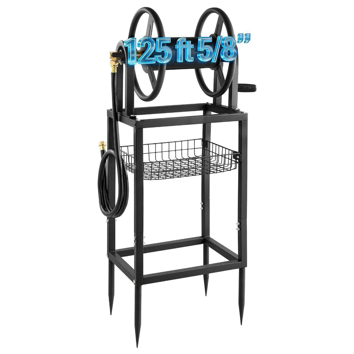 Freestanding Garden Hose Reel, Holds 125 Feet of 5/8-inch Hose, Wall Mount or Ground Mount, Detachable Holder Stand with Storage Rack, 5 ft Leader Hose, Brass Fitting, 4 Spikes, for Backyards
