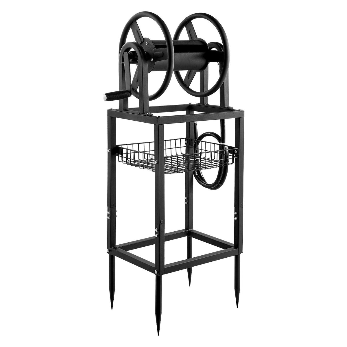 Freestanding Garden Hose Reel, Holds 125 Feet of 5/8-inch Hose, Wall Mount or Ground Mount, Detachable Holder Stand with Storage Rack, 5 ft Leader Hose, Brass Fitting, 4 Spikes, for Backyards