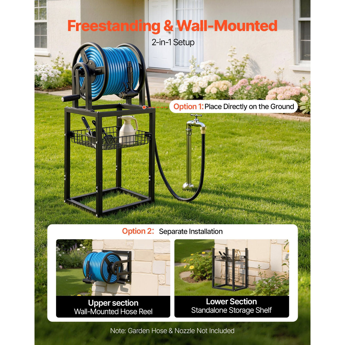 Freestanding Garden Hose Reel, Holds 125 Feet of 5/8-inch Hose, Wall Mount or Ground Mount, Detachable Holder Stand with Storage Rack, 5 ft Leader Hose, Brass Fitting, 4 Spikes, for Backyards