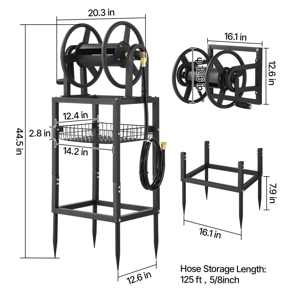 Freestanding Garden Hose Reel, Holds 125 Feet of 5/8-inch Hose, Wall Mount or Ground Mount, Detachable Holder Stand with Storage Rack, 5 ft Leader Hose, Brass Fitting, 4 Spikes, for Backyards