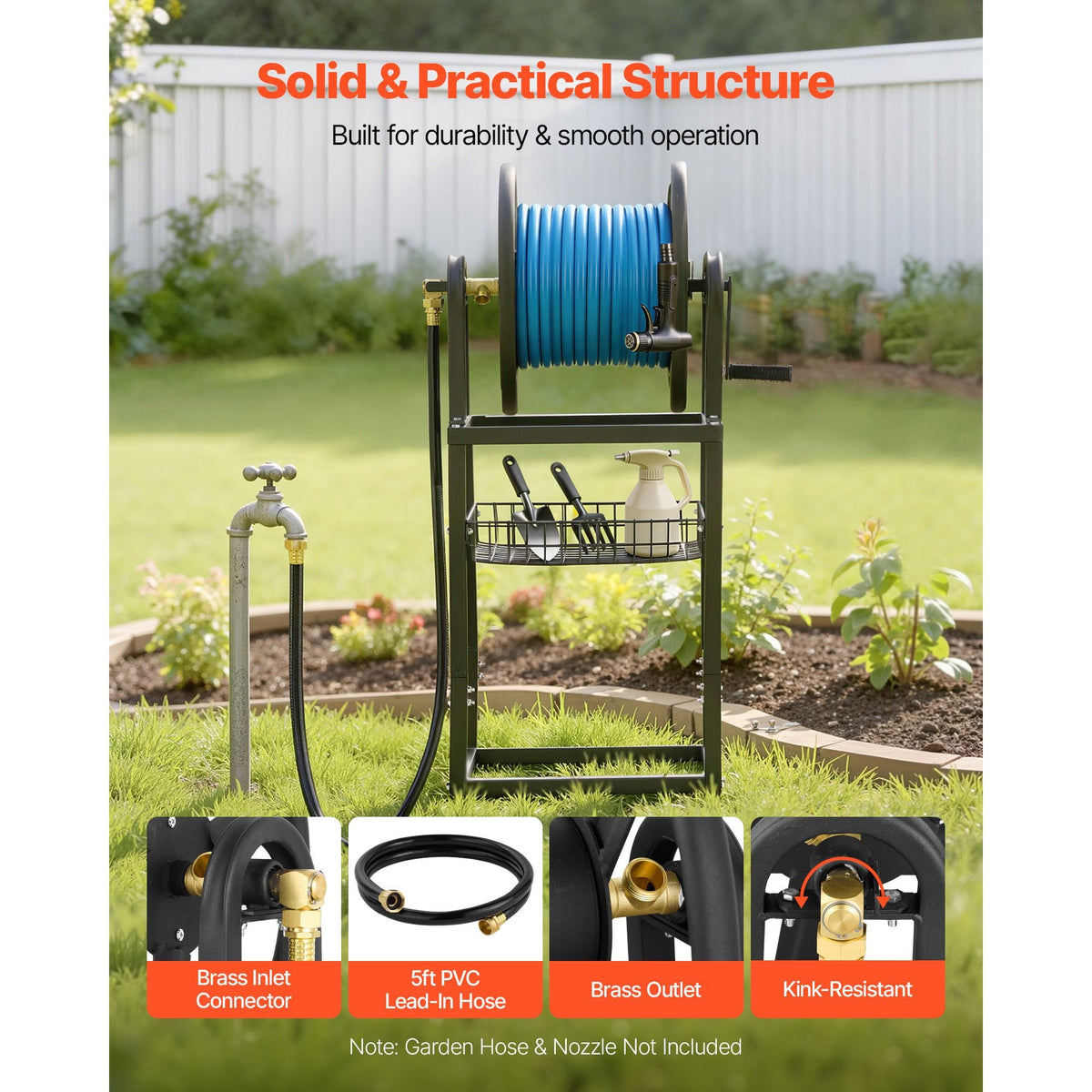 Freestanding Garden Hose Reel, Holds 200 Feet of 5/8-inch Hose, Wall Mount or Ground Mount, Detachable Holder Stand with Storage Rack, 5 ft Leader Hose, Brass Fitting, 4 Spikes, for Backyards
