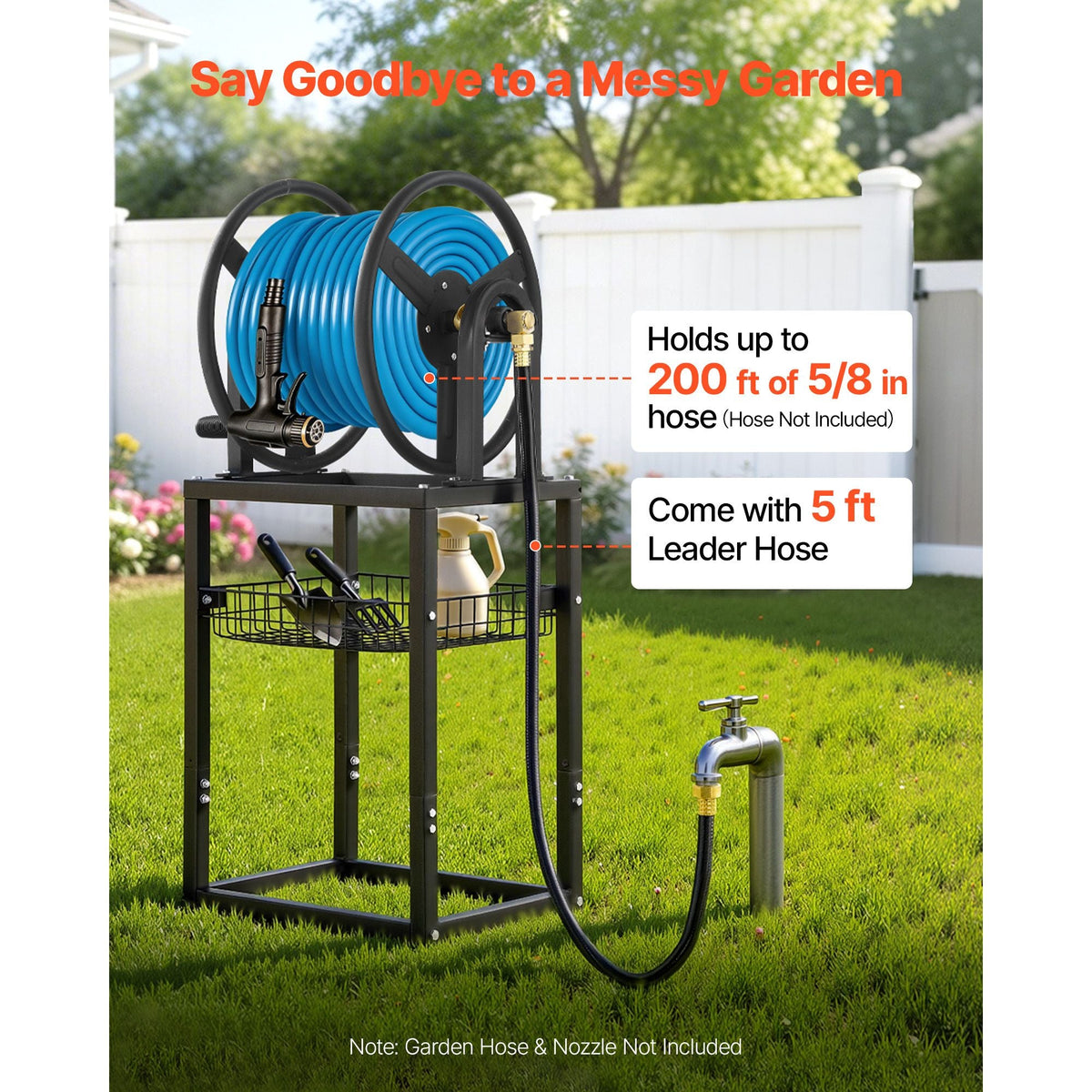 Freestanding Garden Hose Reel, Holds 200 Feet of 5/8-inch Hose, Wall Mount or Ground Mount, Detachable Holder Stand with Storage Rack, 5 ft Leader Hose, Brass Fitting, 4 Spikes, for Backyards