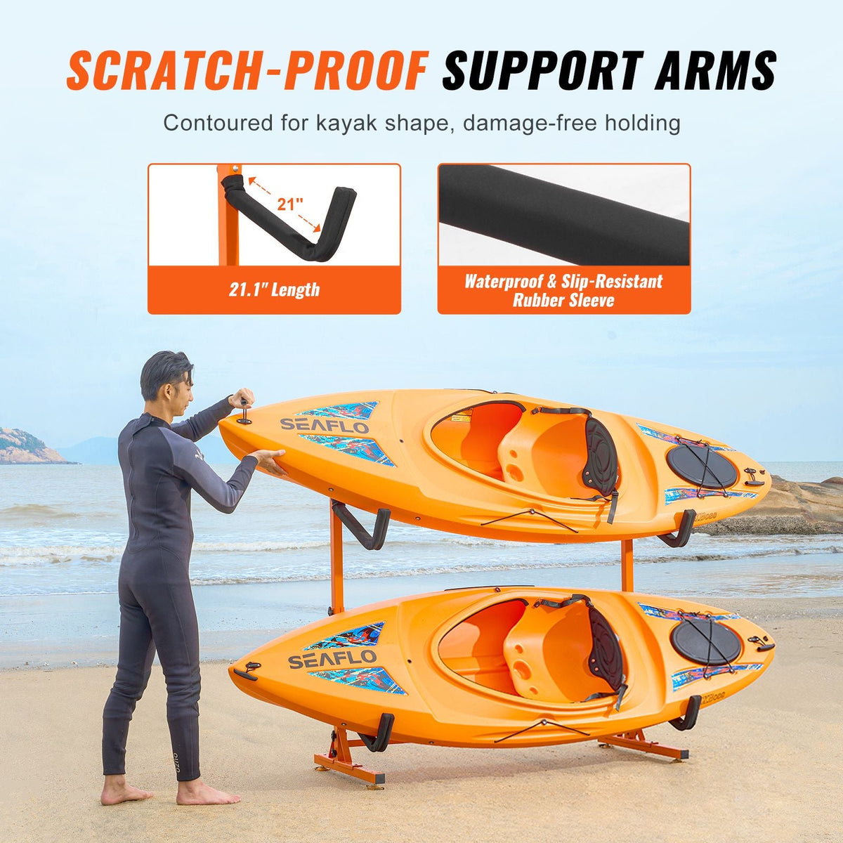 Freestanding Kayak Storage Rack, Kayak Stand for 2 Kayak Canoe Paddleboard, Heavy-duty Steel Kayak Hanger Holder with Padded Arms and Adjustable Width, 175LBS Max Load, for Indoor Outdoor Garage