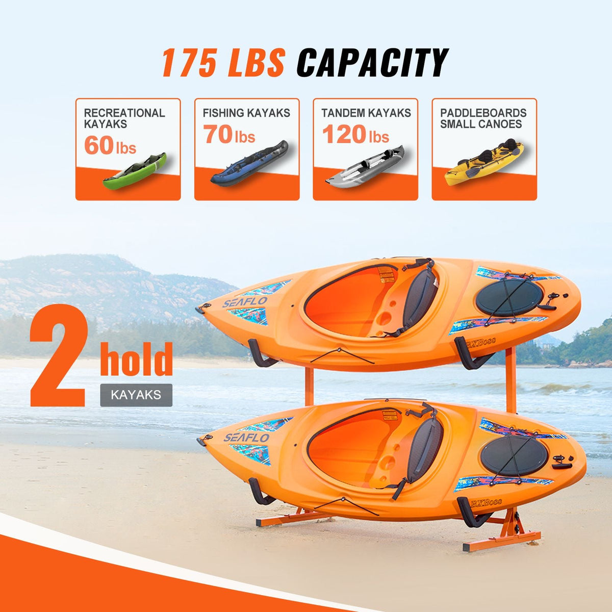 Freestanding Kayak Storage Rack, Kayak Stand for 2 Kayak Canoe Paddleboard, Heavy-duty Steel Kayak Hanger Holder with Padded Arms and Adjustable Width, 175LBS Max Load, for Indoor Outdoor Garage