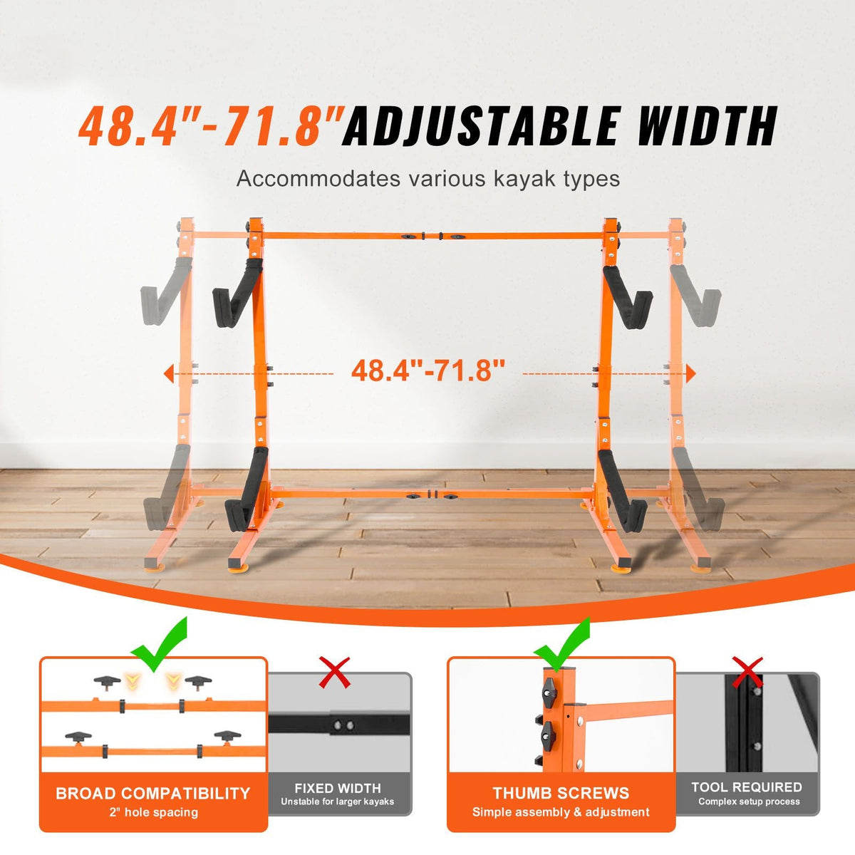 Freestanding Kayak Storage Rack, Kayak Stand for 2 Kayak Canoe Paddleboard, Heavy-duty Steel Kayak Hanger Holder with Padded Arms and Adjustable Width, 175LBS Max Load, for Indoor Outdoor Garage