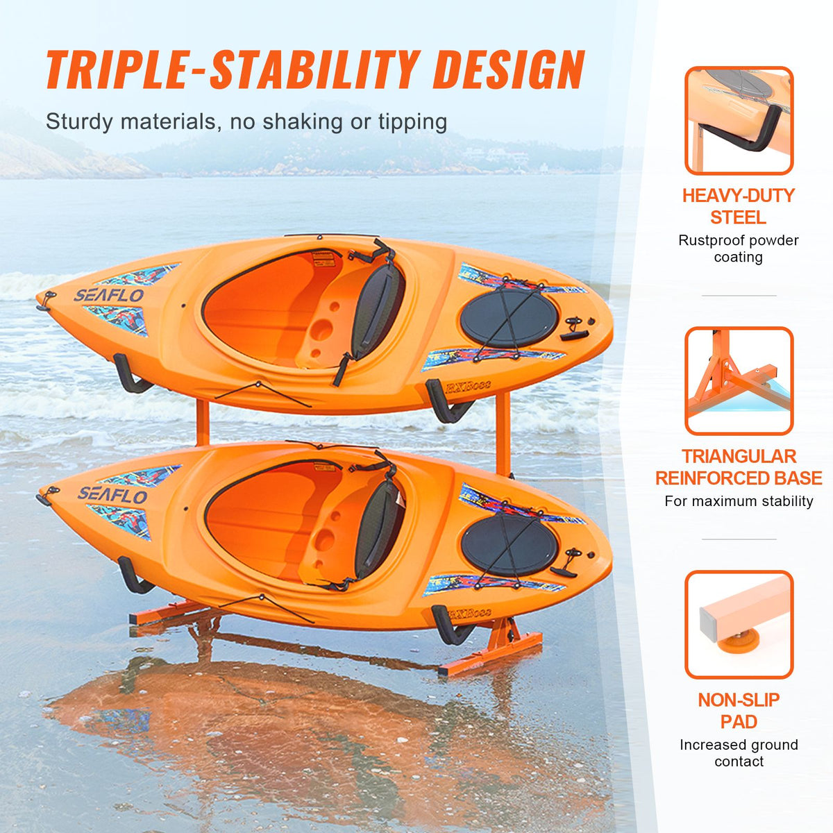 Freestanding Kayak Storage Rack, Kayak Stand for 2 Kayak Canoe Paddleboard, Heavy-duty Steel Kayak Hanger Holder with Padded Arms and Adjustable Width, 175LBS Max Load, for Indoor Outdoor Garage