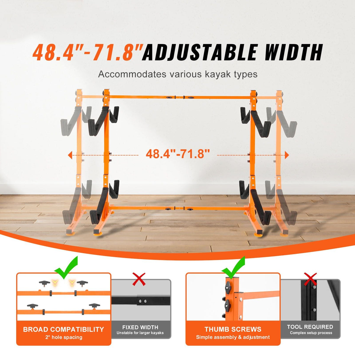 Freestanding Kayak Storage Rack, Kayak Stand for 4 Kayak Canoe Paddleboard, Heavy-duty Steel Kayak Hanger Holder with Padded Arms and Adjustable Width, 220LBS Max Load, for Indoor Outdoor Garage