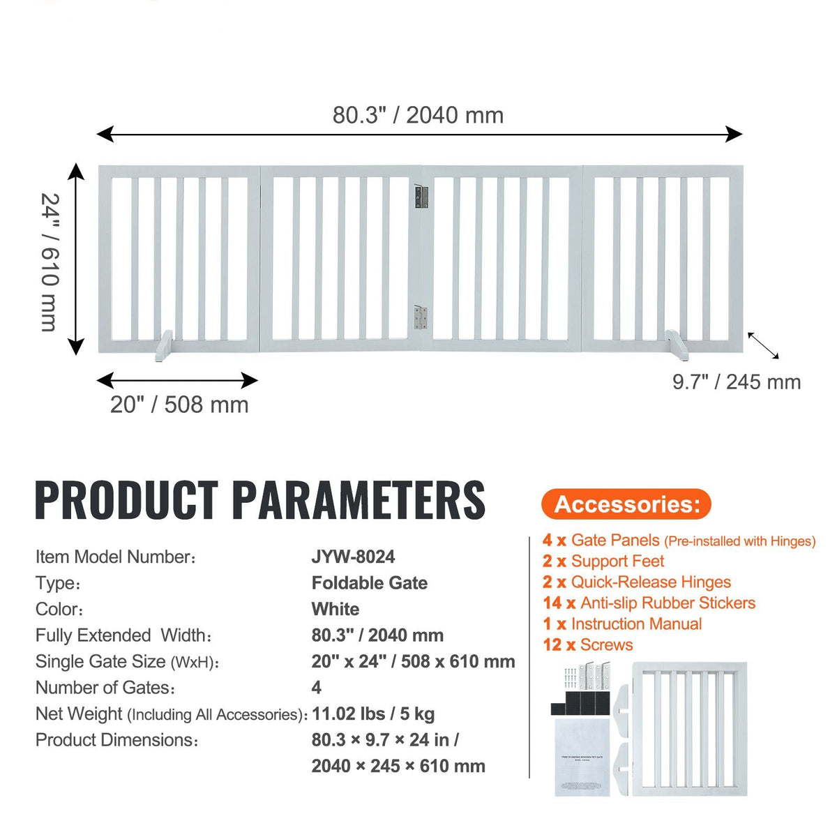 Freestanding Pet Barrier, 24" Height x 80.3" Width, 4-Panel Folding Dog Gate for Various Openings, Expandable and Quiet Foot-Supported Indoor Dog Fence, White
