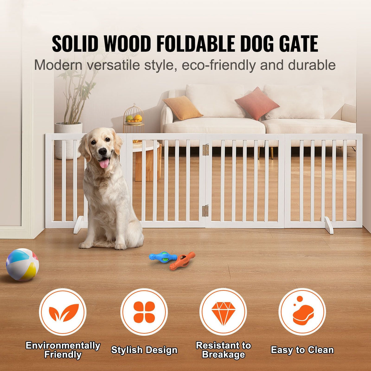 Freestanding Pet Barrier, 24" Height x 80.3" Width, 4-Panel Folding Dog Gate for Various Openings, Expandable and Quiet Foot-Supported Indoor Dog Fence, White