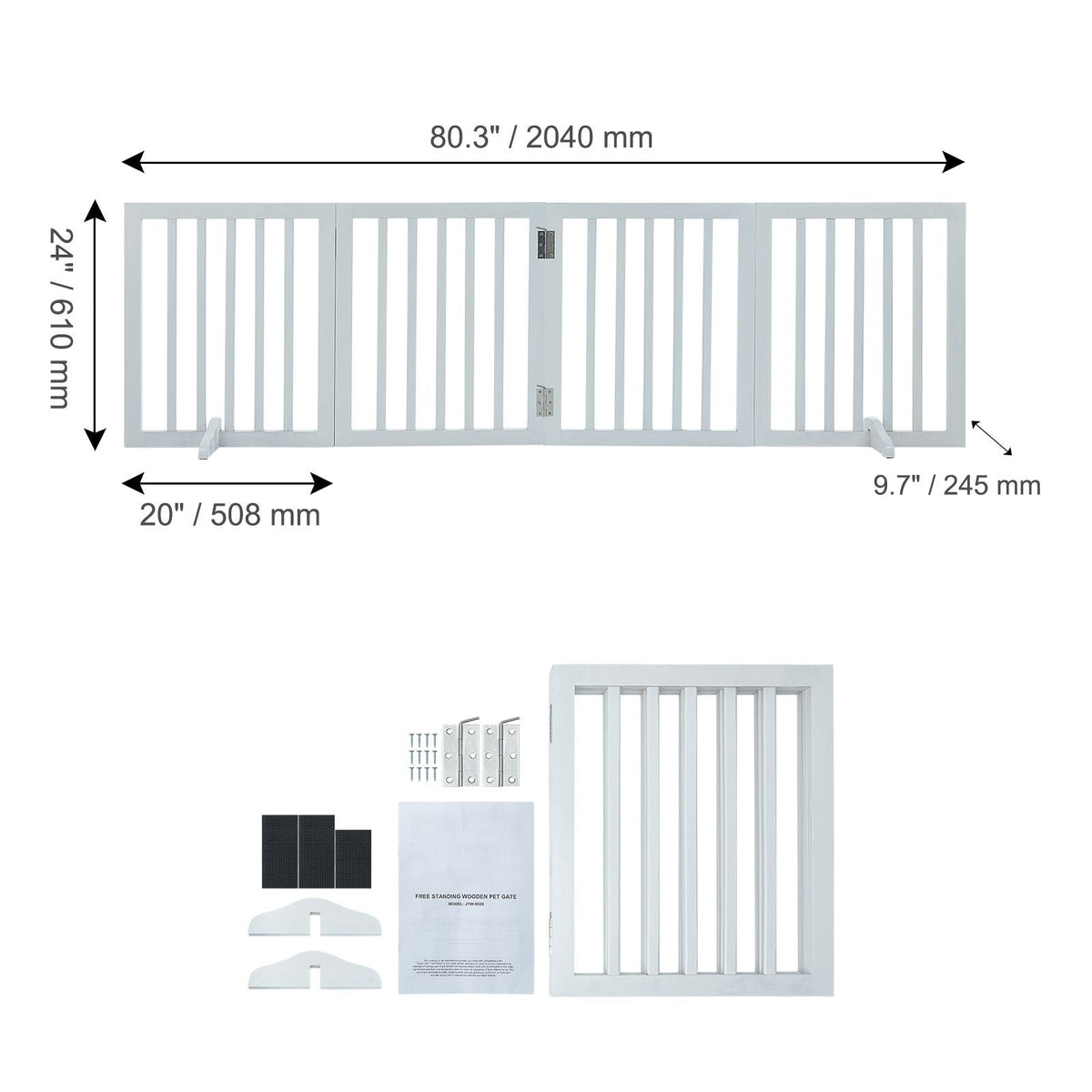 Freestanding Pet Barrier, 24" Height x 80.3" Width, 4-Panel Folding Dog Gate for Various Openings, Expandable and Quiet Foot-Supported Indoor Dog Fence, White