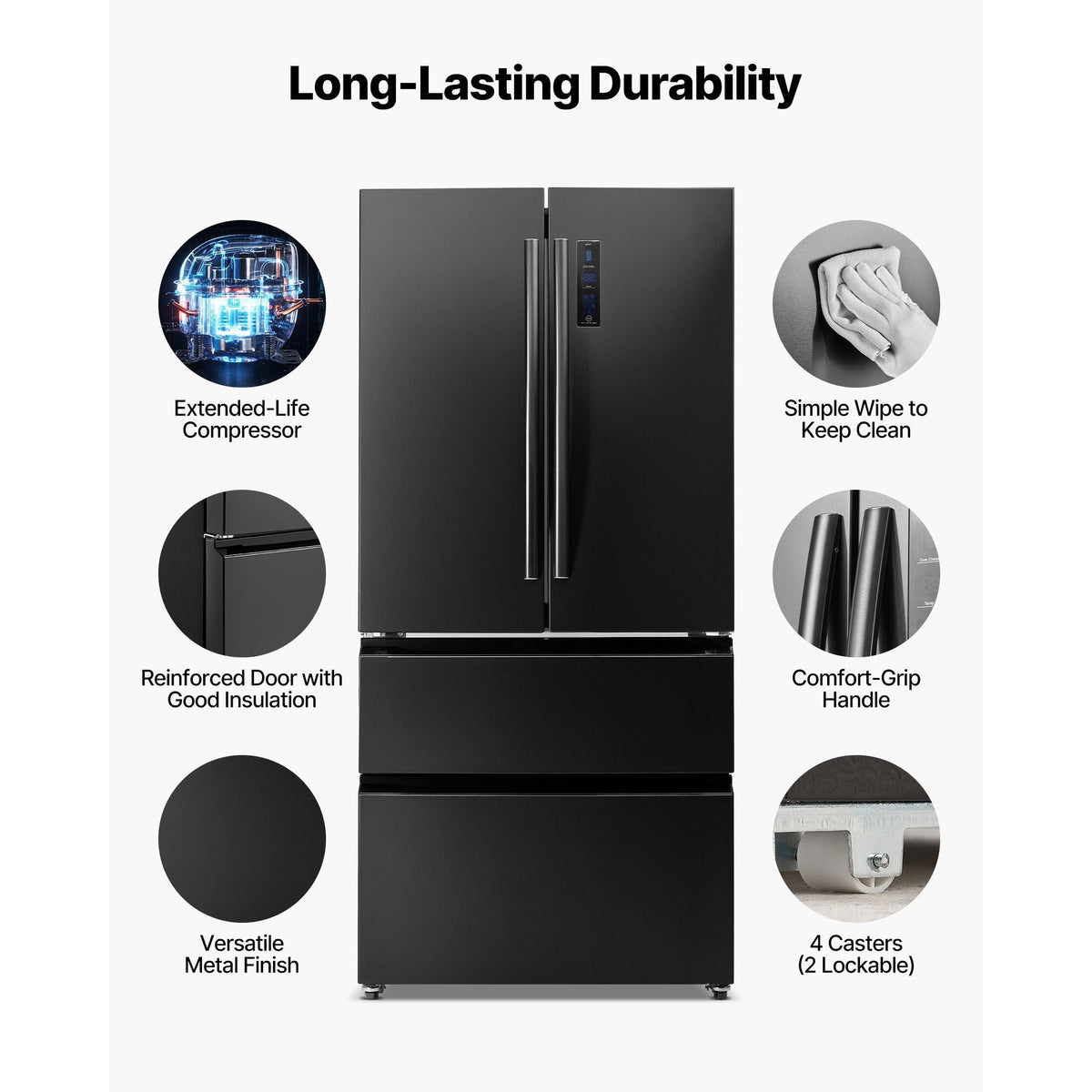 French Door Refrigerator, 18.9 Cu. Ft. Kitchen Fridge, Counter Depth French Refrigerator with LED Display and 4 Casters, Frost-Free Bottom Freezer Refrigerators for Home & Commercial Use, Black