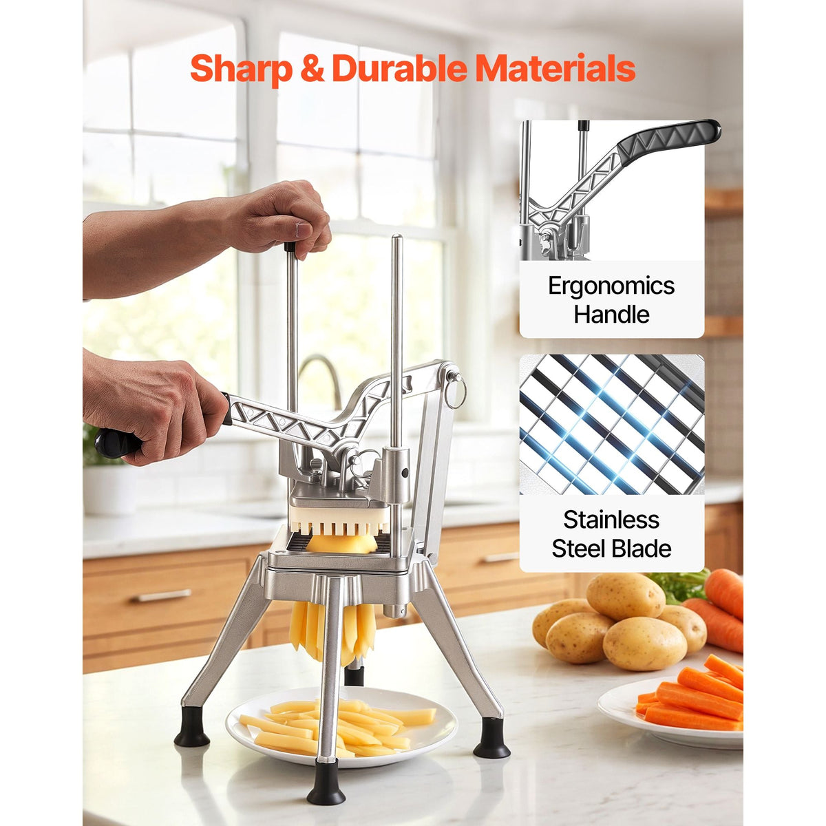 French Fry Cutter, 1/2" Blade Commercial Vegetable Chopper, Lever-Action Vegetable Dicer with Ergonomic Handle, Stainless Steel Potato Slicer for Thick Cut Fries, Onion, Carrots, Bell Pepper