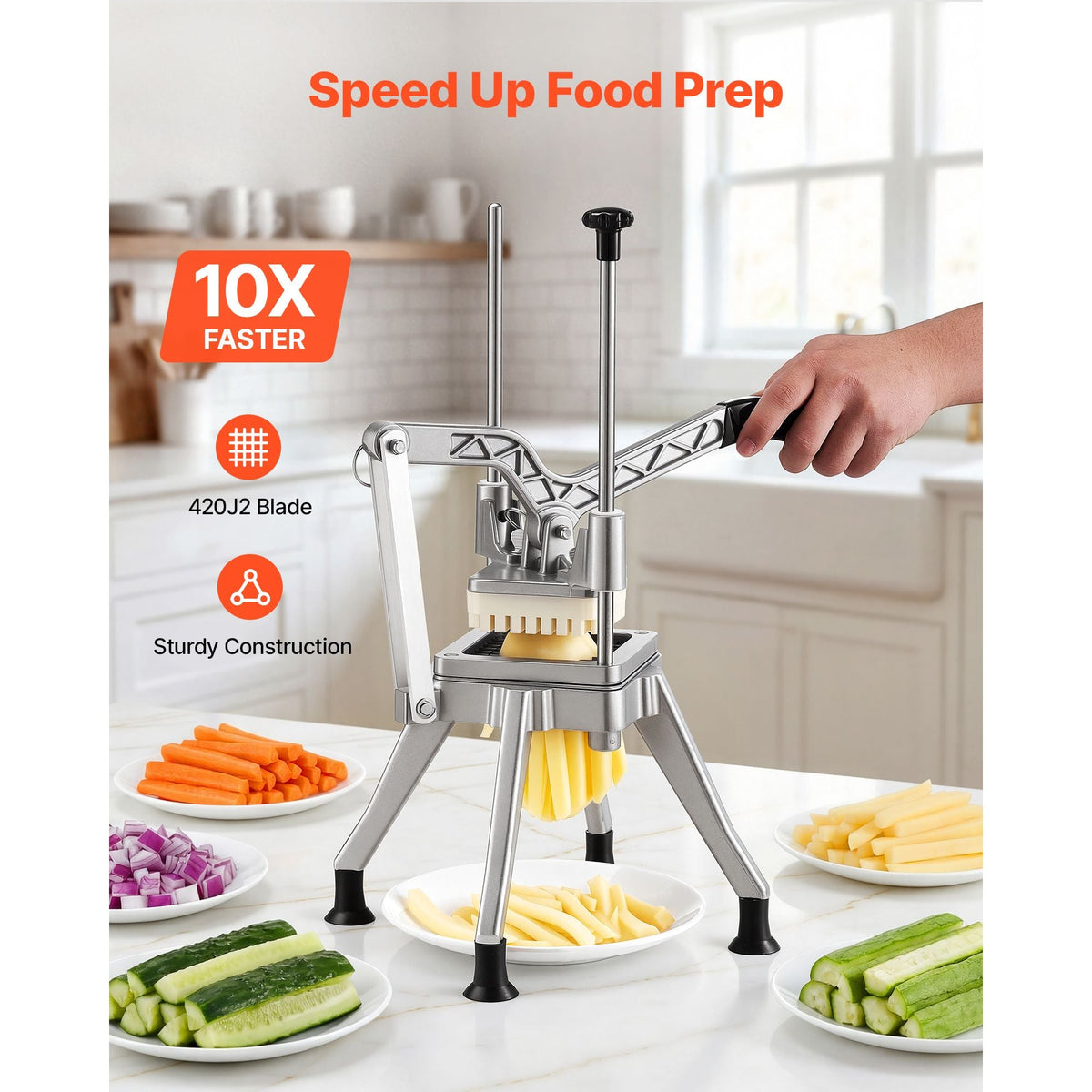 French Fry Cutter, 1/4" Blade Commercial Potato Chopper, Lever-Action Vegetable Dicer with Ergonomic Handle, Stainless Steel Potato Slicer for Thin Cut Fries, Onion, Carrots, Bell Pepper