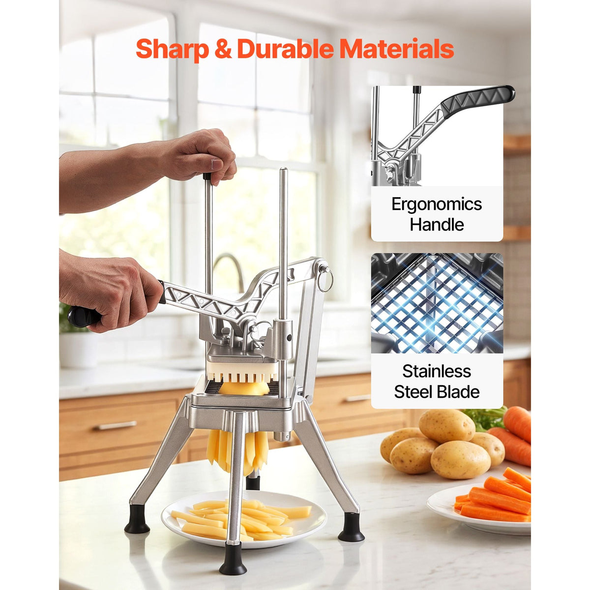 French Fry Cutter, 1/4" Blade Commercial Potato Chopper, Lever-Action Vegetable Dicer with Ergonomic Handle, Stainless Steel Potato Slicer for Thin Cut Fries, Onion, Carrots, Bell Pepper