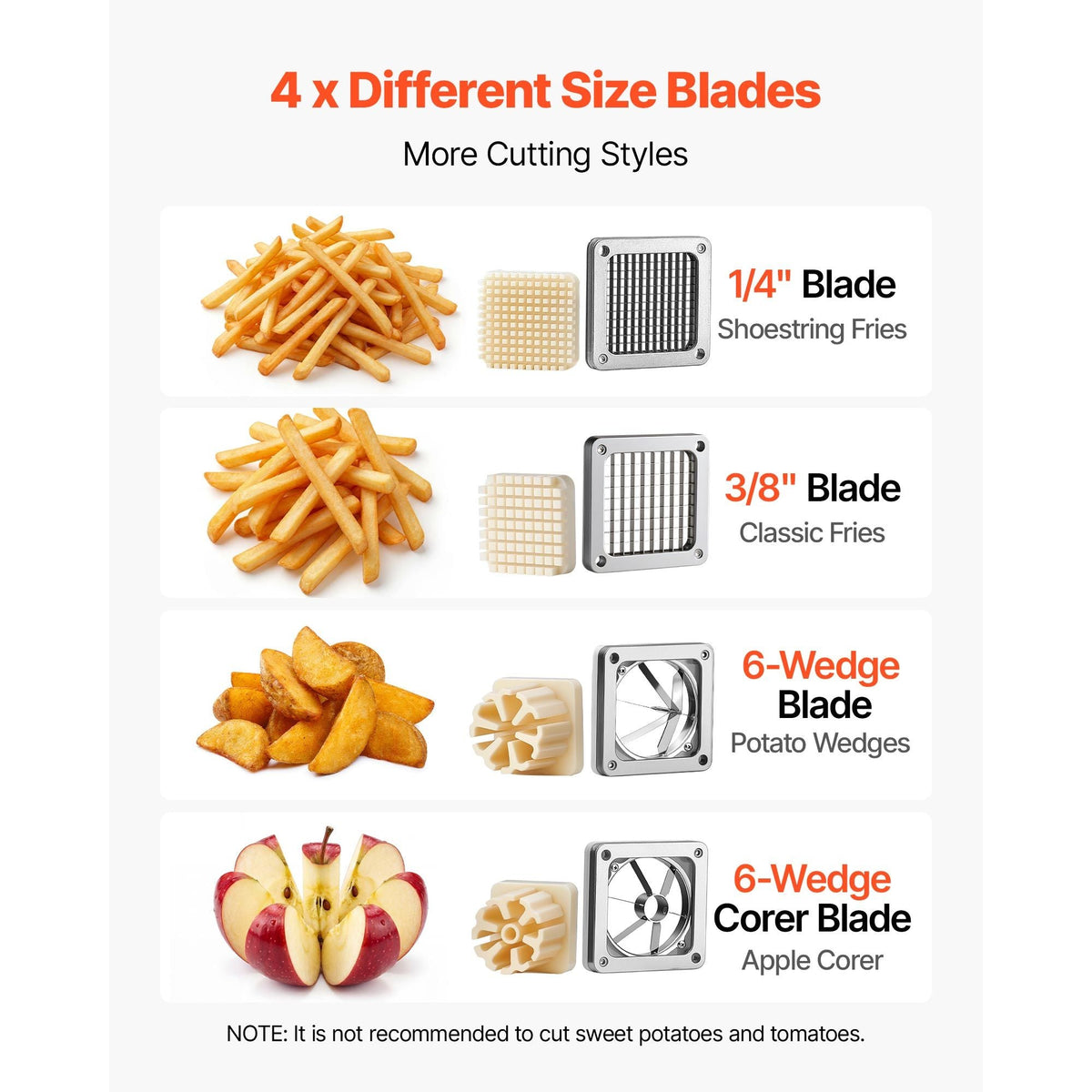 French Fry Cutter, Commercial Vegetable Chopper with 4 Blades - 1/4", 3/8", 6-Wedge Slicer & Apple Corer - Wall Mount Stainless Steel Potato Cutter, for Home & Restaurant Use