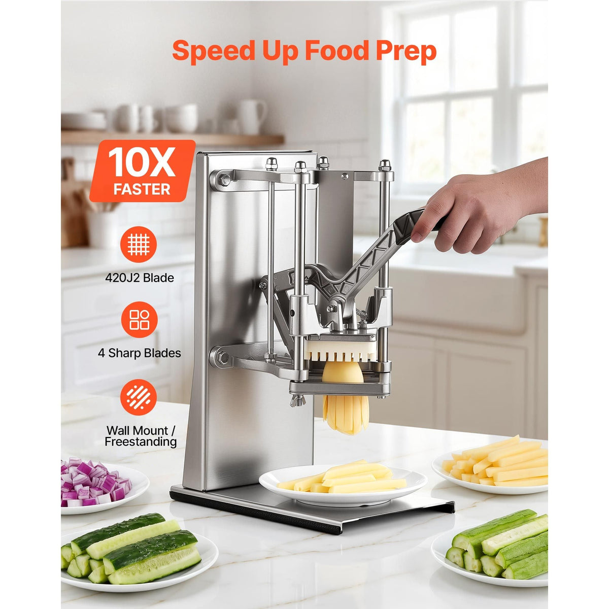 French Fry Cutter, Commercial Vegetable Chopper with 4 Blades - 1/4", 3/8", 6-Wedge Slicer & Apple Corer - Wall Mount Stainless Steel Potato Cutter, for Home & Restaurant Use