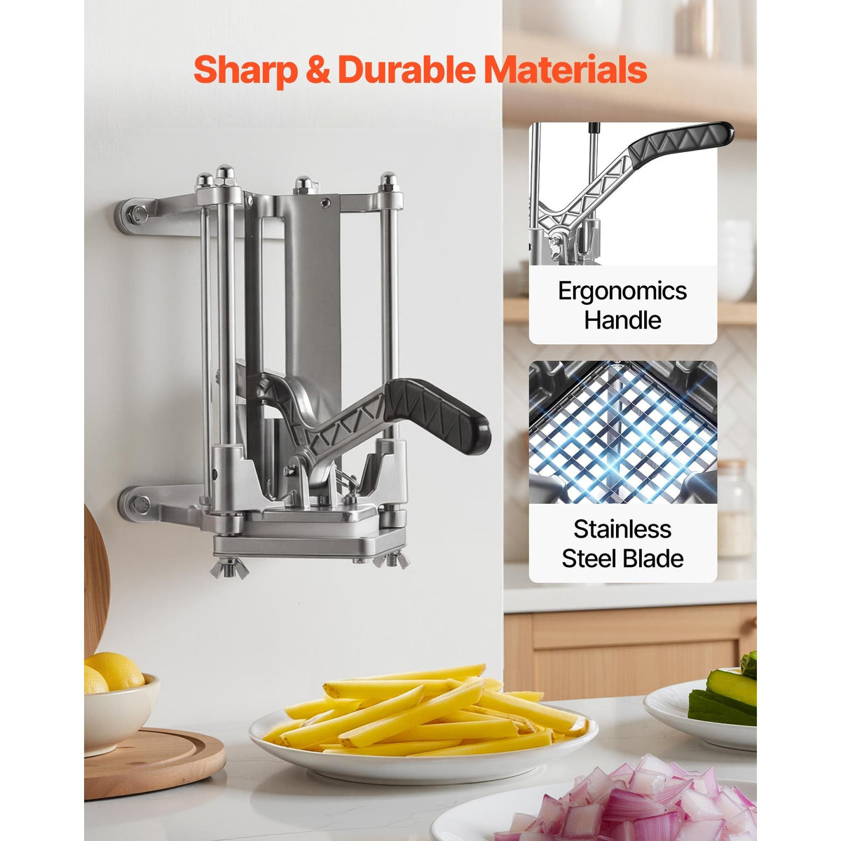 French Fry Cutter, Commercial Vegetable Chopper with 4 Blades - 1/4", 3/8", 6-Wedge Slicer & Apple Corer - Wall Mount Stainless Steel Potato Cutter, for Home & Restaurant Use