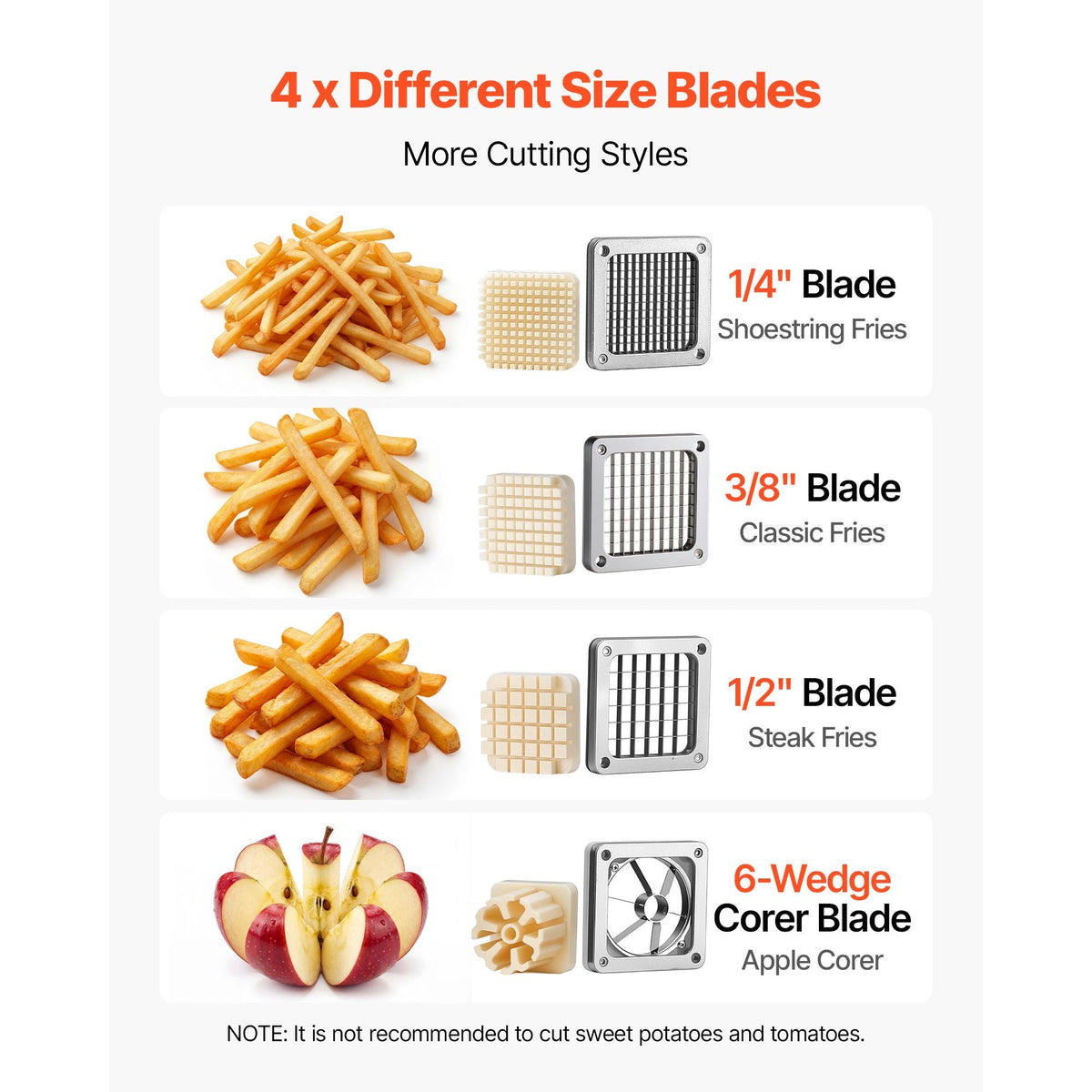 French Fry Cutter, Commercial Vegetable Chopper with 4 Blades (1/2", 3/8", 1/4" & 6-Wedge with Corer), Lever Stainless Steel Potato Slicer for Home Thick, Regular & Thin Fries Cut, Onion, Fruit