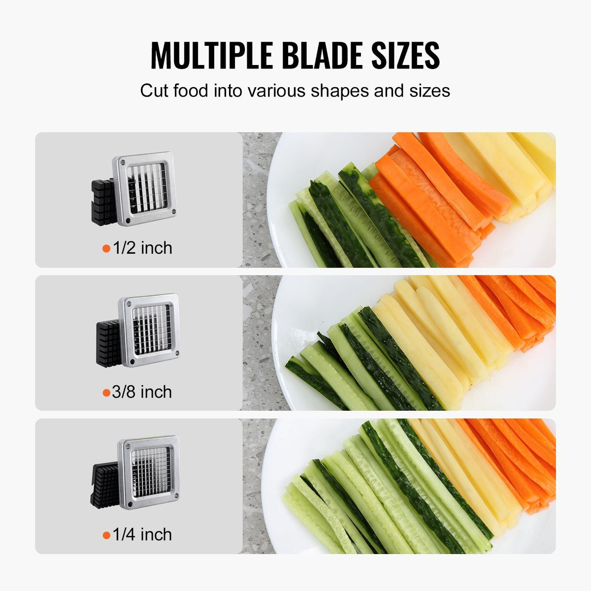 French Fry Cutter, Potato Slicer with 1/2" 3/8" 1/4" Stainless Steel Blades, Manual Potato Cutter Chopper with Suction Cups, Great for Potato, French Fries, Cucumber, Vegetables, Carrot