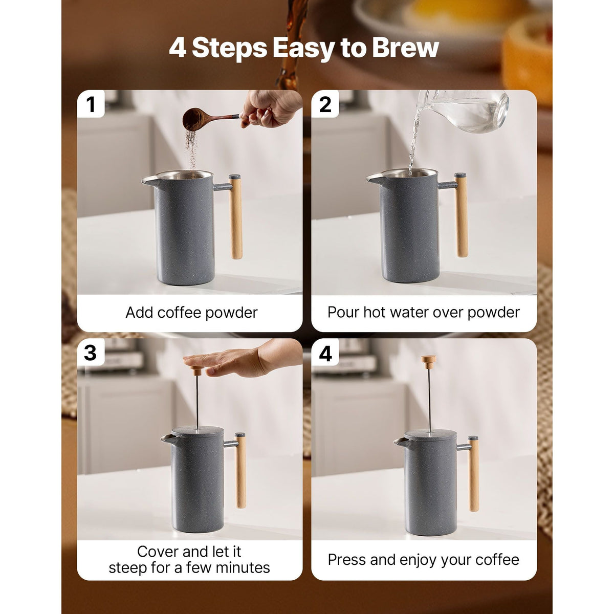 French Press Coffee Maker, 34 Ounce 1 Liter Stainless Steel Coffee Press Tea Maker with Filter, Large Double Wall Insulated French Presses Cold Brew for Camping Travel Home Kitchen, Black