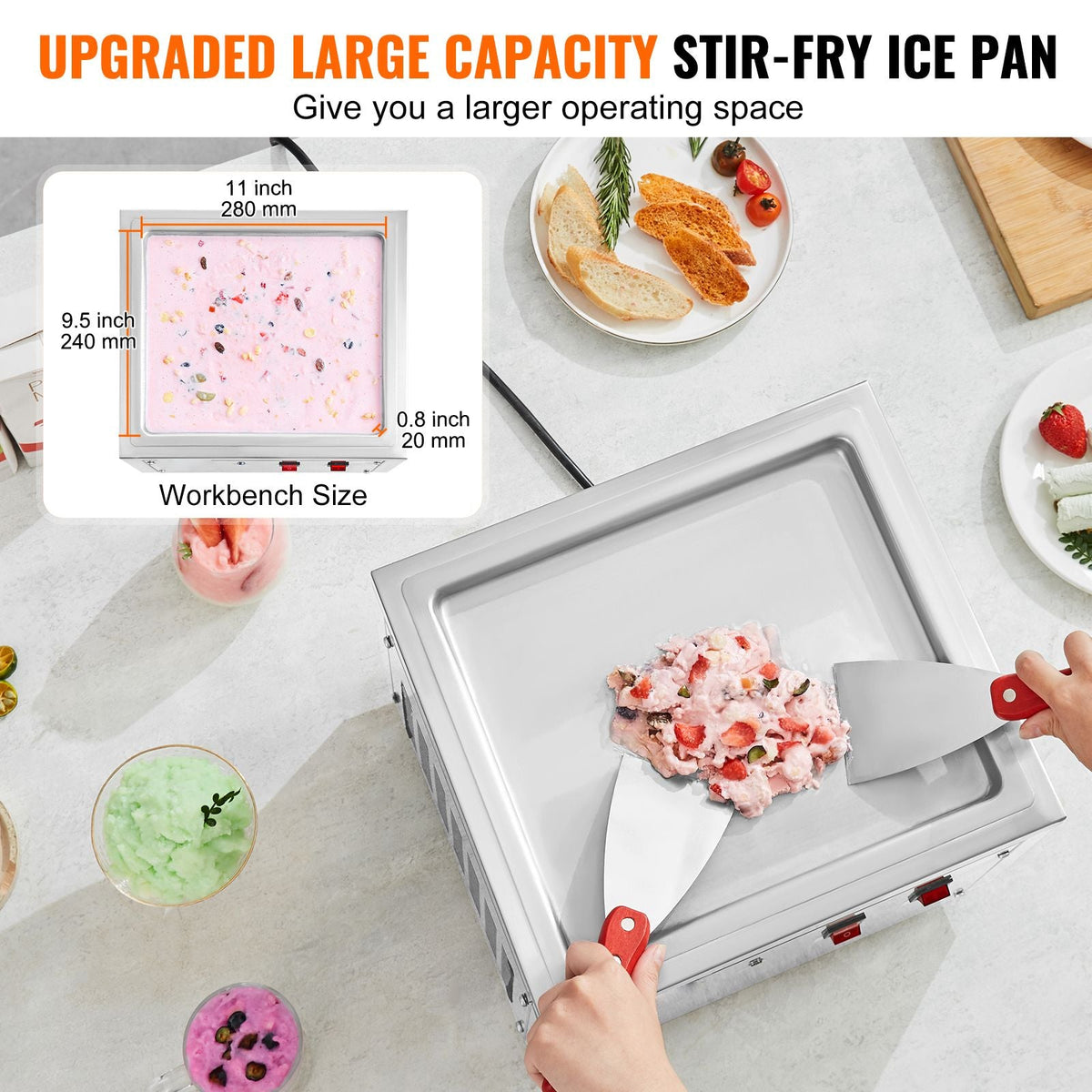 Fried Ice Cream Roll Machine, 11" x 9.5" Stir-Fried Ice Cream Pan, Stainless Steel Rolled Ice Cream Maker with Compressor and 2 Scrapers, for Making Ice Cream, Frozen Yogurt, Ice Cream Rolls