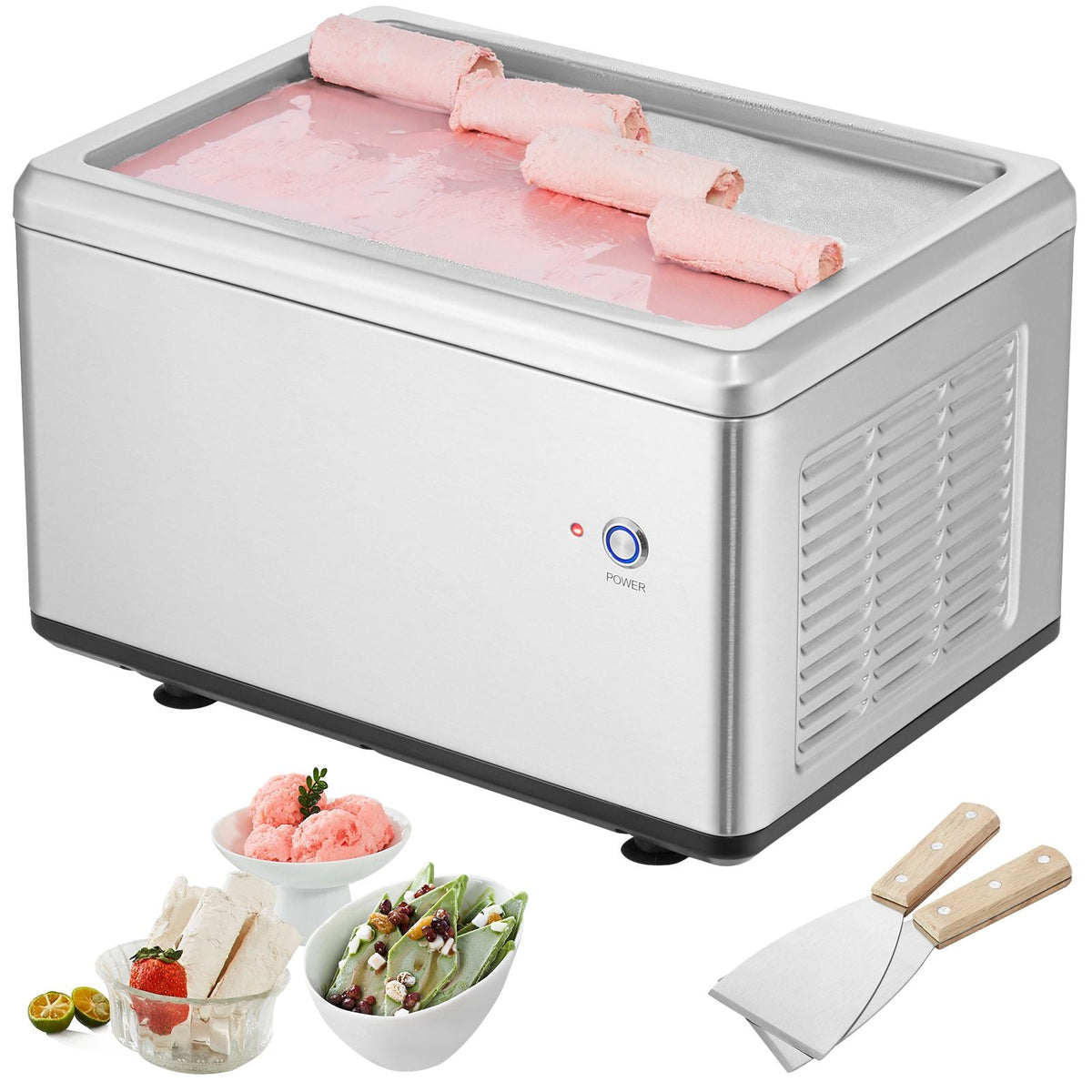 Fried Ice Cream Roll Machine, 12.6" x 8.5" Stir-Fried Ice Cream Pan, Stainless Steel Rolled Ice Cream Maker with Compressor and 2 Scrapers, for Making Ice Cream, Frozen Yogurt, Ice Cream Rolls