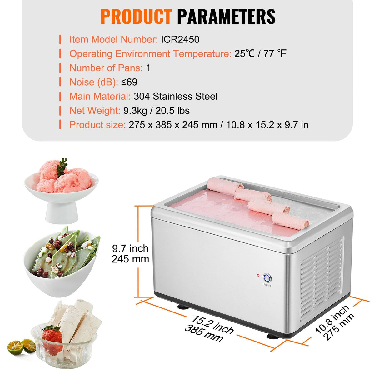 Fried Ice Cream Roll Machine, 12.6" x 8.5" Stir-Fried Ice Cream Pan, Stainless Steel Rolled Ice Cream Maker with Compressor and 2 Scrapers, for Making Ice Cream, Frozen Yogurt, Ice Cream Rolls