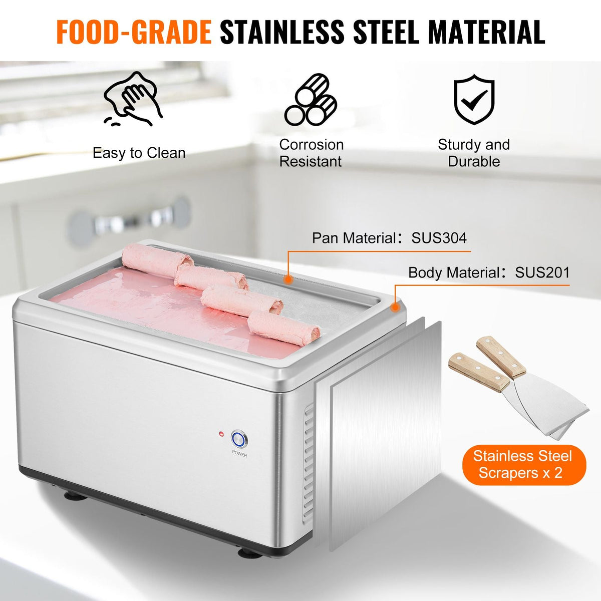 Fried Ice Cream Roll Machine, 12.6" x 8.5" Stir-Fried Ice Cream Pan, Stainless Steel Rolled Ice Cream Maker with Compressor and 2 Scrapers, for Making Ice Cream, Frozen Yogurt, Ice Cream Rolls