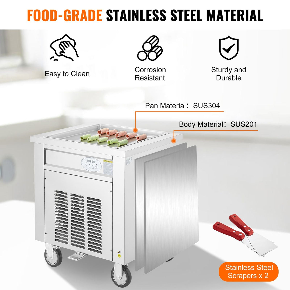 Fried Ice Cream Roll Machine, 19.7" x 19.7" Square Stir-Fried Ice Cream Pan, Stainless Steel Commercial Rolled Ice Cream Maker with Compressor and 2 Scrapers, for Making Ice Cream, Frozen Yogurt