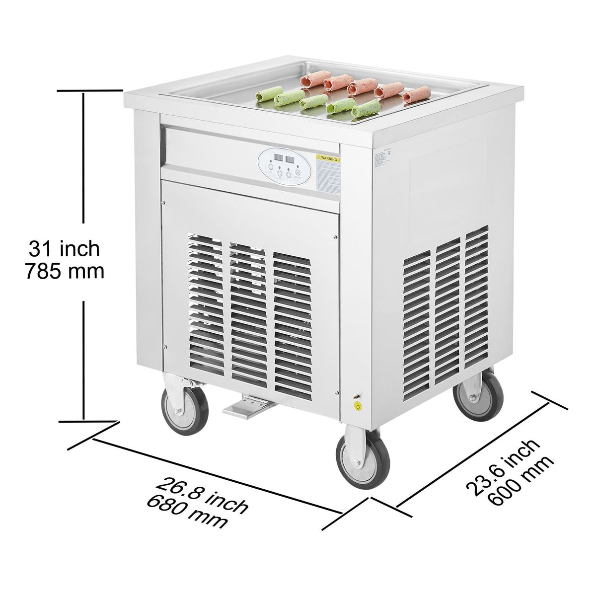 Fried Ice Cream Roll Machine, 19.7" x 19.7" Square Stir-Fried Ice Cream Pan, Stainless Steel Commercial Rolled Ice Cream Maker with Compressor and 2 Scrapers, for Making Ice Cream, Frozen Yogurt