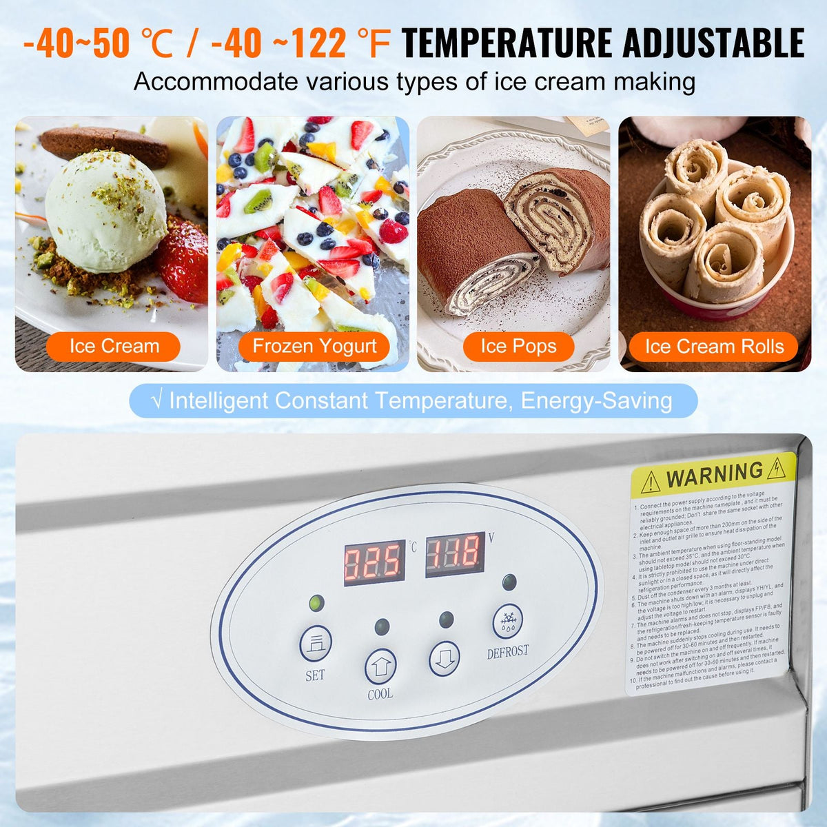 Fried Ice Cream Roll Machine, 19.7" x 19.7" Square Stir-Fried Ice Cream Pan, Stainless Steel Commercial Rolled Ice Cream Maker with Compressor and 2 Scrapers, for Making Ice Cream, Frozen Yogurt