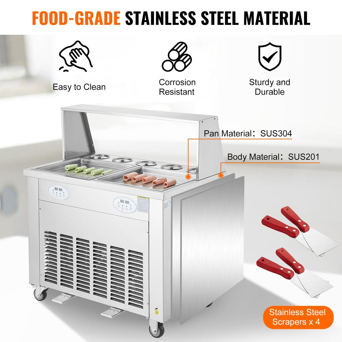 Fried Ice Cream Roll Machine, 2Pcs 13.8" x 13.8" Square Stir-Fried Ice Cream Pans, Stainless Steel Commercial Rolled Ice Cream Maker with Compressor and 4 Scrapers, for Ice Cream, Frozen Yogurt