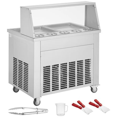 Fried Ice Cream Roll Machine, 2Pcs 13.8" x 13.8" Square Stir-Fried Ice Cream Pans, Stainless Steel Commercial Rolled Ice Cream Maker with Compressor and 4 Scrapers, for Ice Cream, Frozen Yogurt