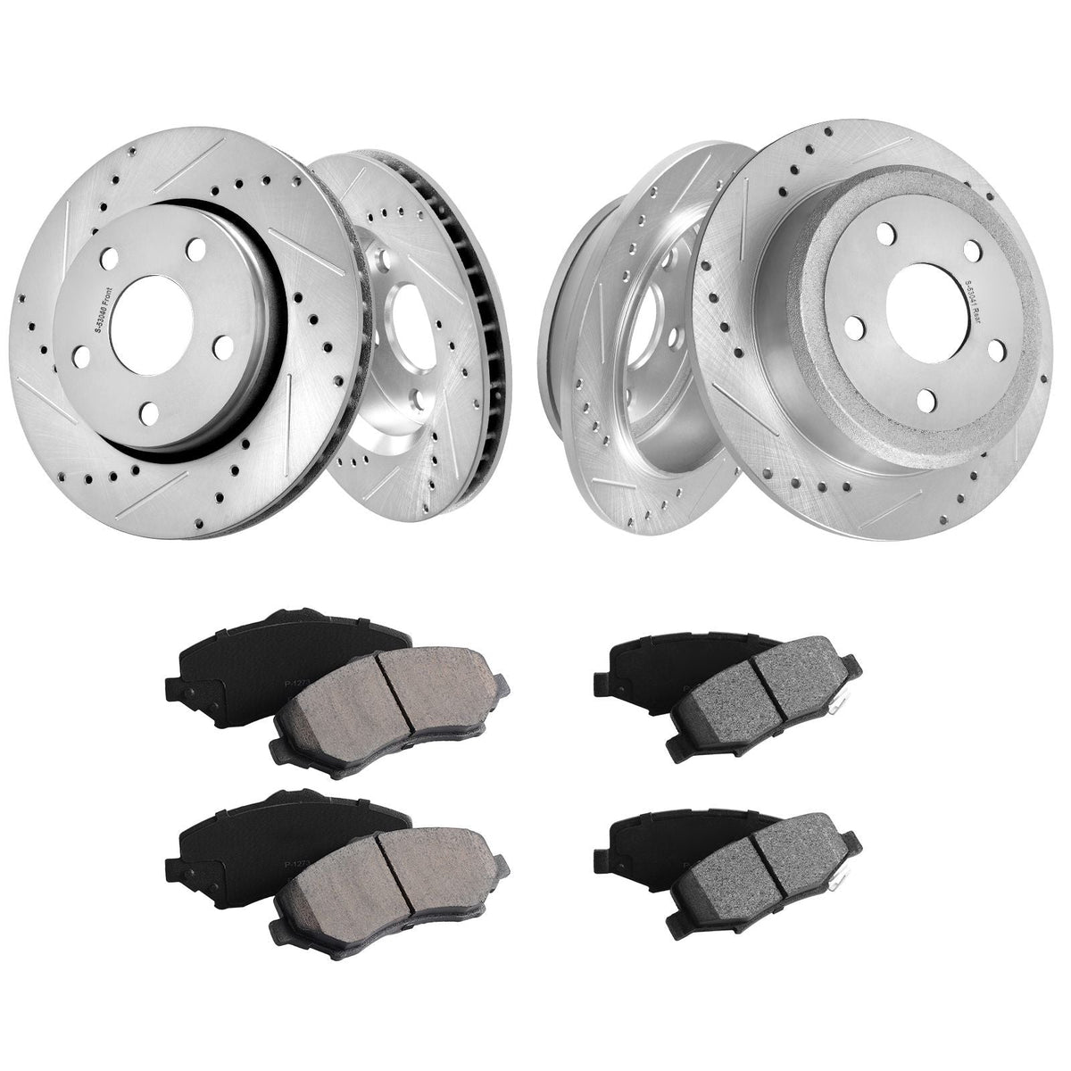 Front and Rear Brake Kit Compatible with 2007-2017 Jeep Wrangler, Drilled and Slotted Brake Rotors Ceramic Brake Pads Replacement, 11.9" Front Rotors 12.4" Rear Rotors