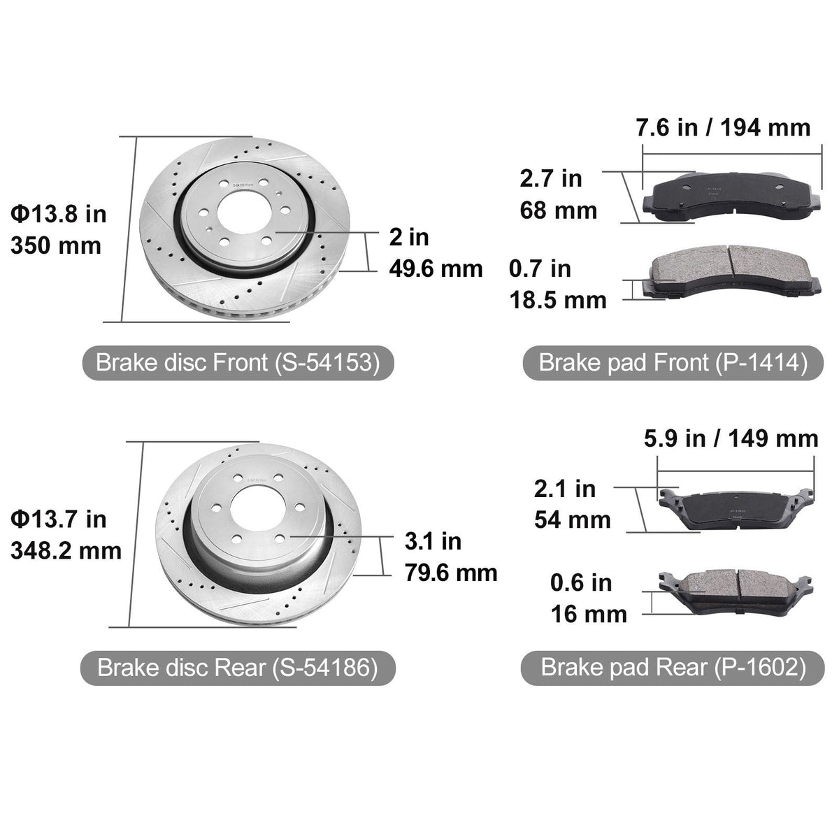 Front and Rear Brake Kit Compatible with 2012-2020 Ford F-150(MPB Only), Drilled and Slotted Brake Rotors Ceramic Brake Pads Replacement, 13.8" Front Rotors 13.7" Rear Rotors