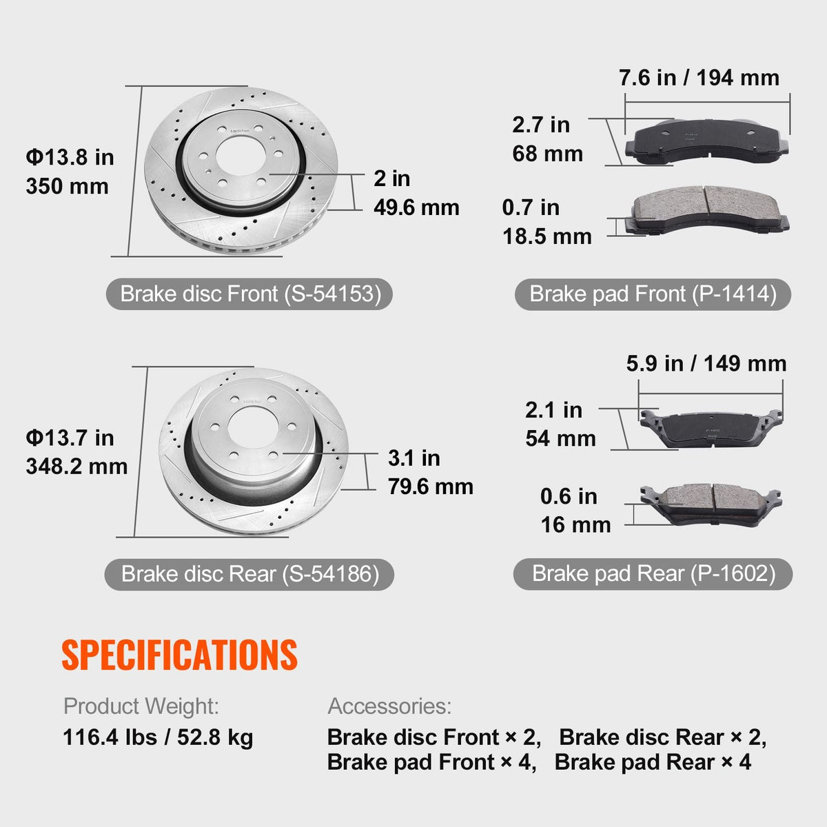 Front and Rear Brake Kit Compatible with 2012-2020 Ford F-150(MPB Only), Drilled and Slotted Brake Rotors Ceramic Brake Pads Replacement, 13.8" Front Rotors 13.7" Rear Rotors