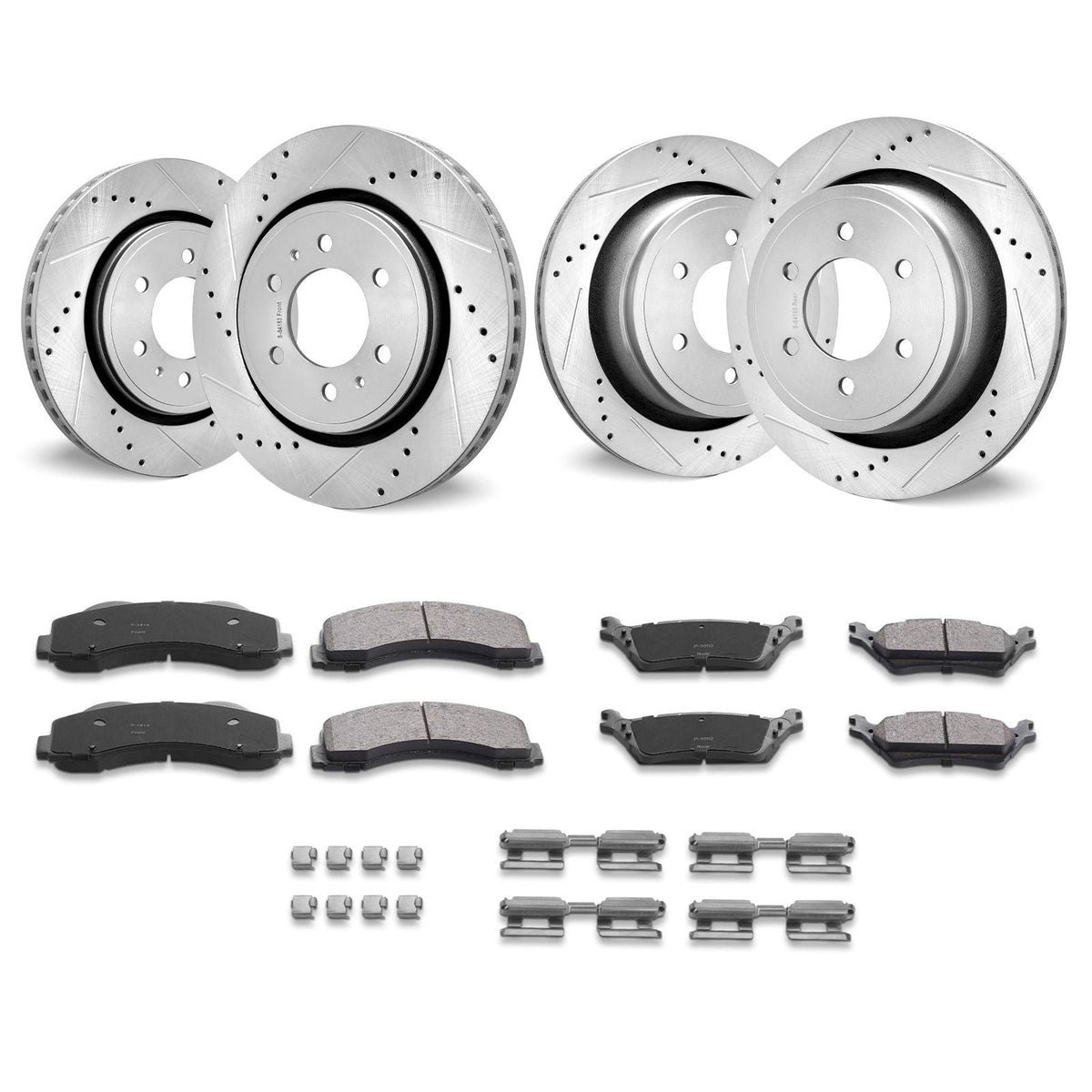 Front and Rear Brake Kit Compatible with 2012-2020 Ford F-150(MPB Only), Drilled and Slotted Brake Rotors Ceramic Brake Pads Replacement, 13.8" Front Rotors 13.7" Rear Rotors