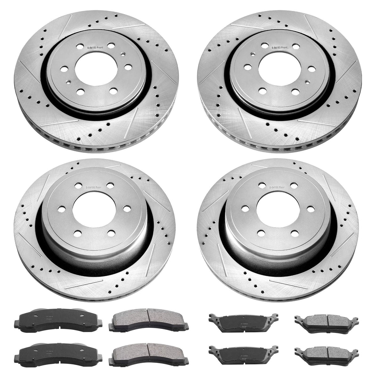 Front and Rear Brake Kit Compatible with 2012-2020 Ford F-150(MPB Only), Drilled and Slotted Brake Rotors Ceramic Brake Pads Replacement, 13.8" Front Rotors 13.7" Rear Rotors