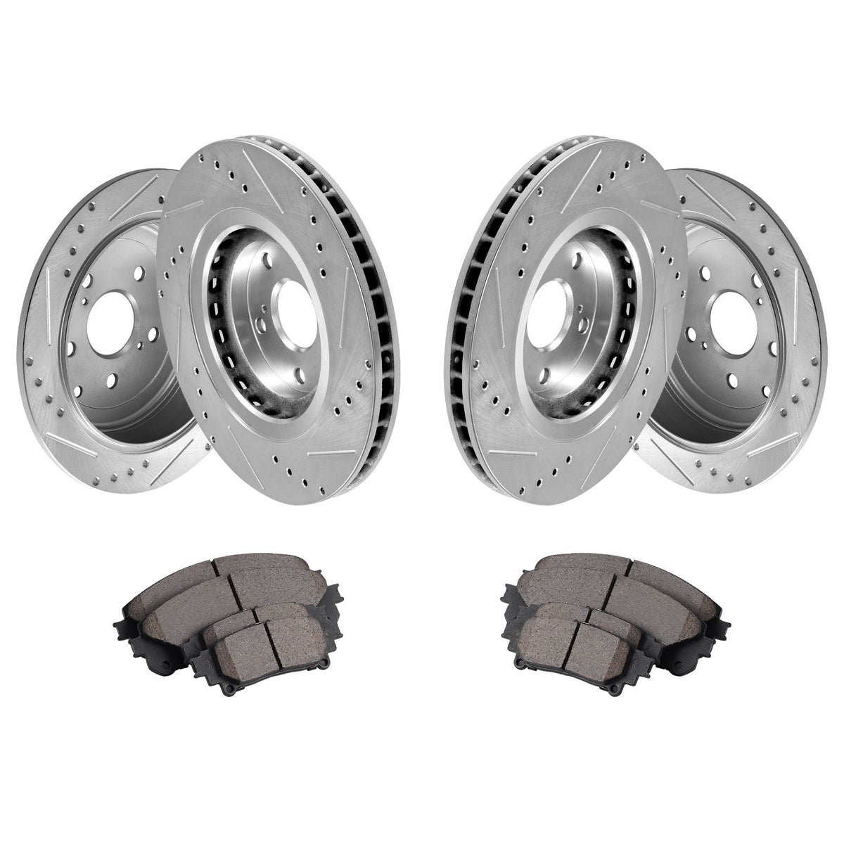 Front and Rear Brake Kit Compatible with Toyota Sienna, Highlander, Lexus RX350, RX450h, Drilled and Slotted Brake Rotors Ceramic Brake Pads Replacement, 12.9" Front Rotors 12.2" Rear Rotors