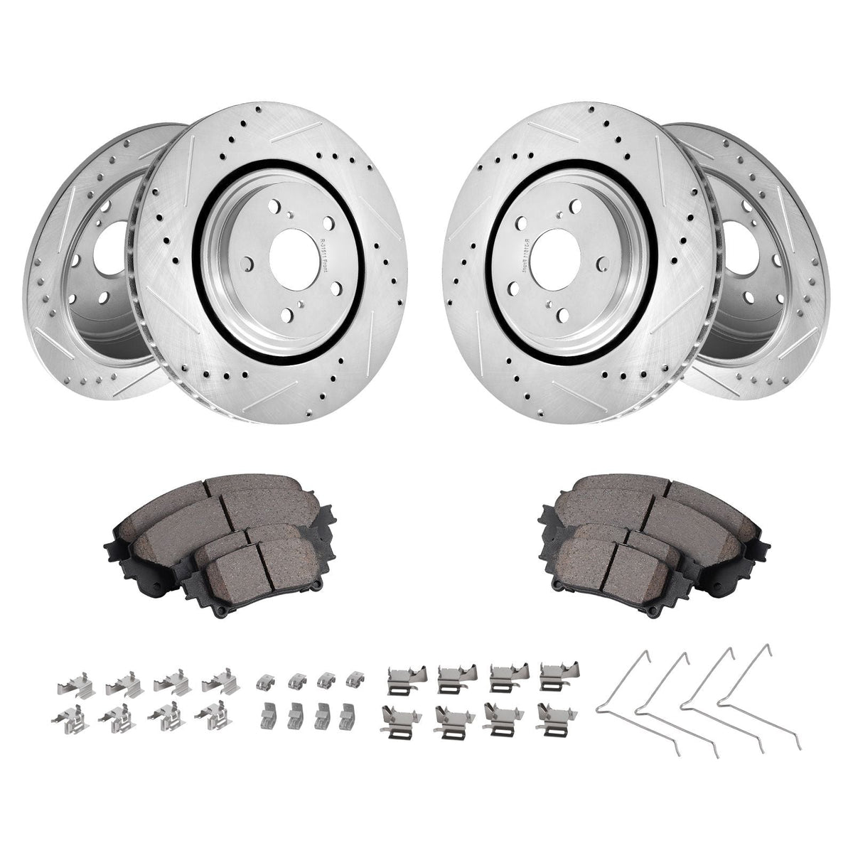 Front and Rear Brake Kit Compatible with Toyota Sienna, Highlander, Lexus RX350, RX450h, Drilled and Slotted Brake Rotors Ceramic Brake Pads Replacement, 12.9" Front Rotors 12.2" Rear Rotors