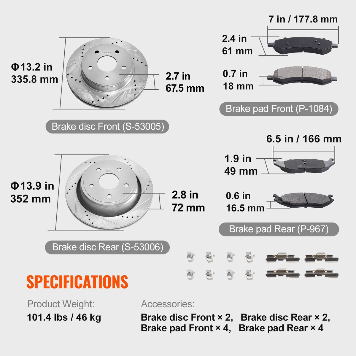 Front and Rear Brake Kit for 06-2018 Dodge Ram 1500, 07-2009 Dodge Durango Chrysler Aspen, Drilled and Slotted Brake Rotors Ceramic Brake Pads Replacement, 13.2" Front Rotors 13.9" Rear Rotors