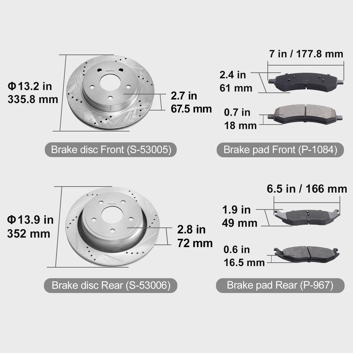 Front and Rear Brake Kit for 06-2018 Dodge Ram 1500, 07-2009 Dodge Durango Chrysler Aspen, Drilled and Slotted Brake Rotors Ceramic Brake Pads Replacement, 13.2" Front Rotors 13.9" Rear Rotors