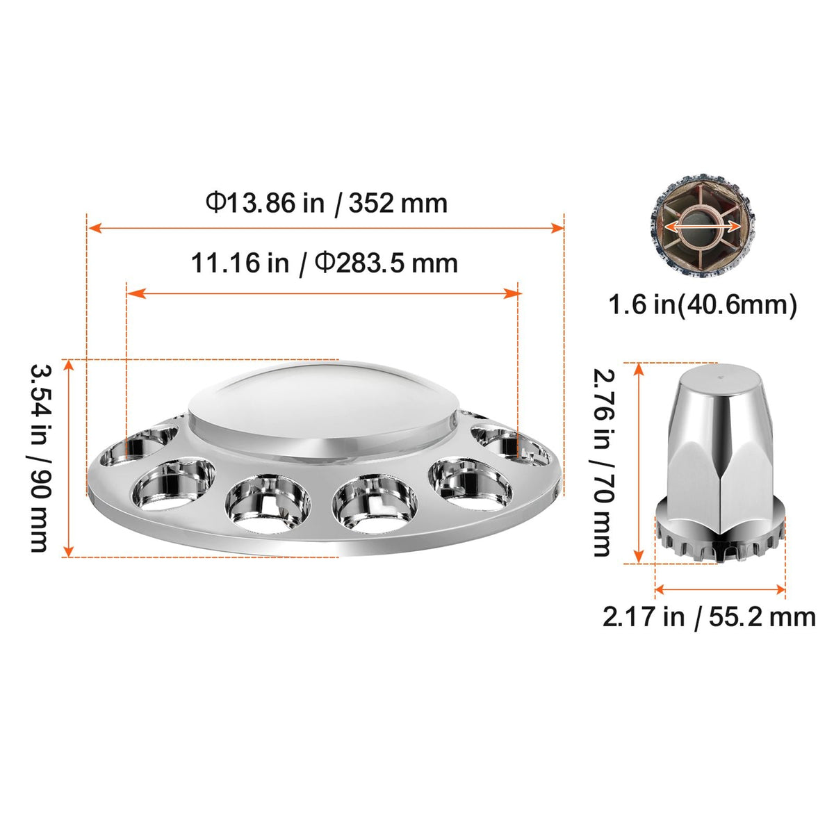 Front Axle Wheel Covers, Dome Axle Cover for Semi Truck, ABS Electroplate Rust-Resistant Lug Nut Covers, Universal Fit, Installation Tool Included, Complete Axle Cover Combo Kit