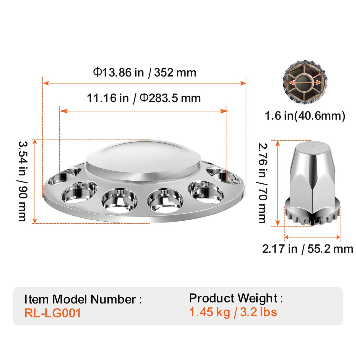 Front Axle Wheel Covers, Dome Axle Cover for Semi Truck, ABS Electroplate Rust-Resistant Lug Nut Covers, Universal Fit, Installation Tool Included, Complete Axle Cover Combo Kit